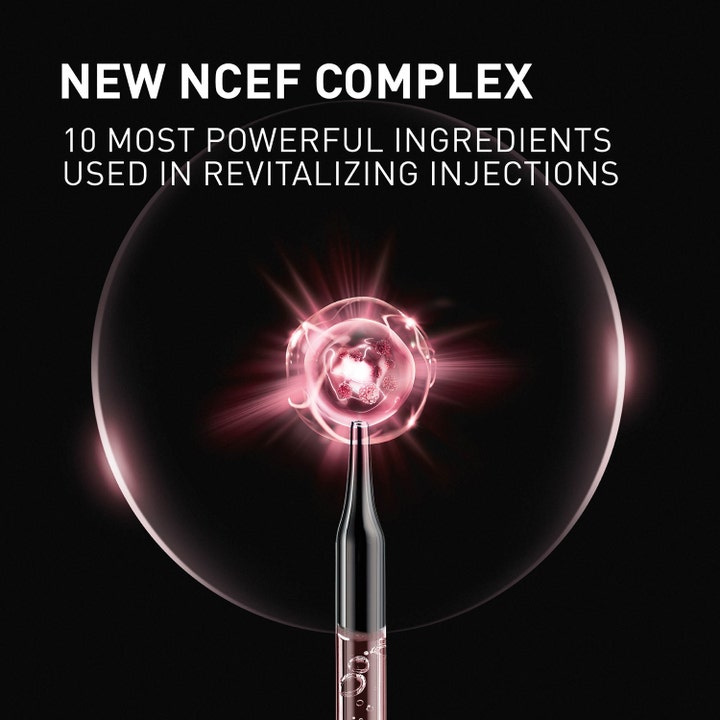 Filorga NCEF-Revitalize Cream 50 ml ansiktskräm med anti age effekt visar glödande rosa cell och ampullspets.