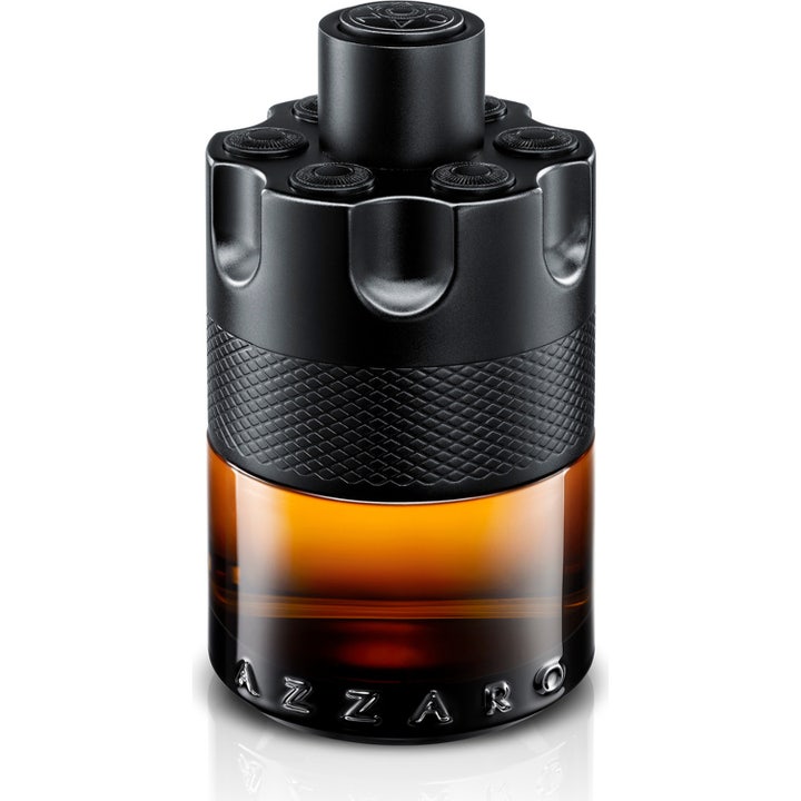 Azzaro The Most Wanted Parfum 100 ml herreparfym i svart flaska formad som en revolvertrumma med bärnstensfärgad vätska