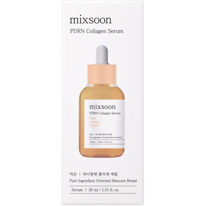 Mixsoon PDRN Collagen Serum 30 ml stärkande ansiktsserum i vit ytterförpackning med bild av flaskan