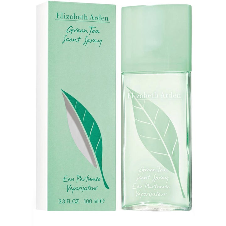Elizabeth Arden Green Tea 100 ml parfym i en ljusgrön glasflaska med bladmotiv och matchande ytterförpackning.