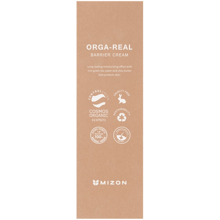 Mizon Orga-Real Barrier Cream 100 ml ekologisk naturlig kräm i brun pappförpackning med cruelty free symboler.