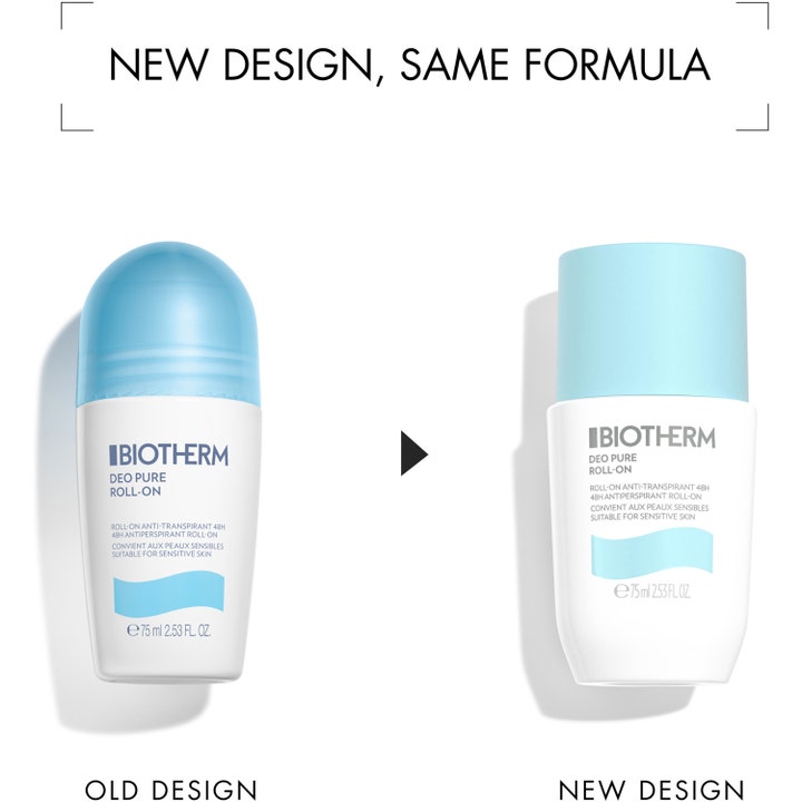 Biotherm Deo Pure Roll-On 75 ml antiperspirant visar produktens uppdaterade design med ljusblå kork.
