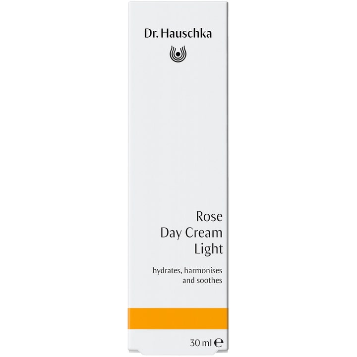 Dr. Hauschka Rose Day Cream Light 30 ml lugnande ekologisk dagkräm i vit ytterförpackning med gul detalj