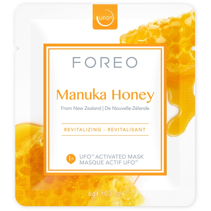FOREO UFO Mask Manuka Honey 6g revitaliserande ansiktsbehandling med manuka honung i vit sachet.