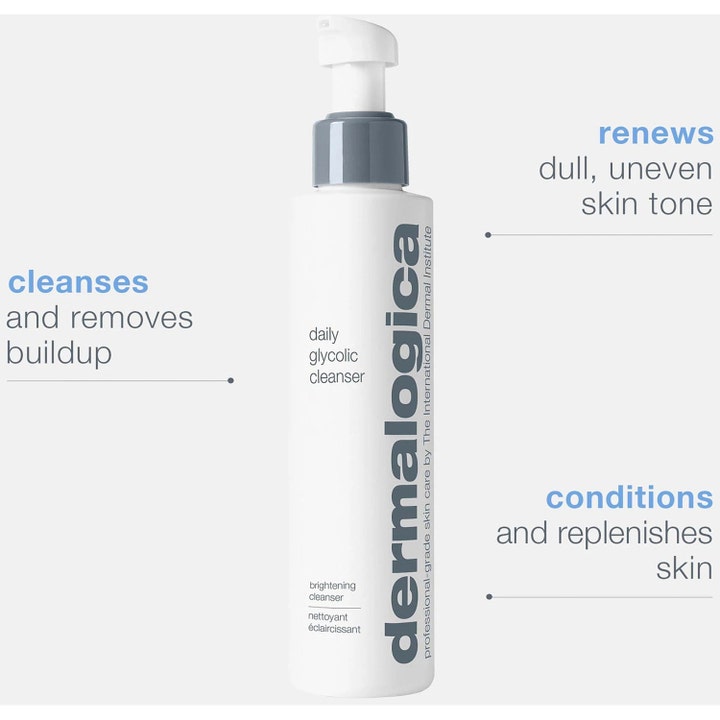 Dermalogica Daily Glycolic Cleanser 150 ml djuprengöring ansikte med vit pumpflaska som ger jämn hudton