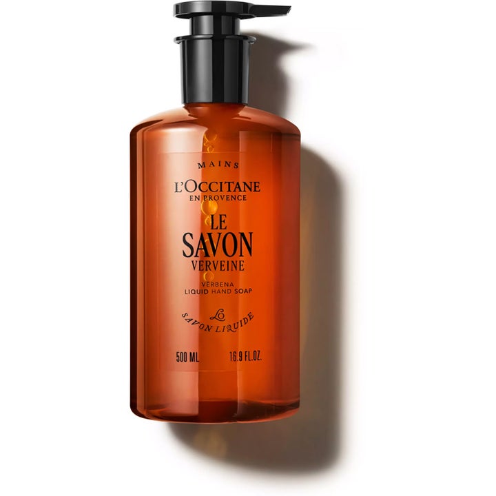 L'Occitane Verbena Liquid Soap 500ml flytande tvål i bärnstensfärgad plastflaska med svart pumpdispenser.