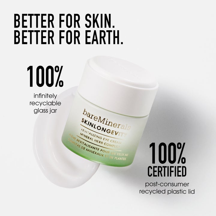 bareMinerals Skinlongevity Revitalizing Eye cream 15 g revitaliserande ögonkräm i en grön återvinningsbar glasburk.