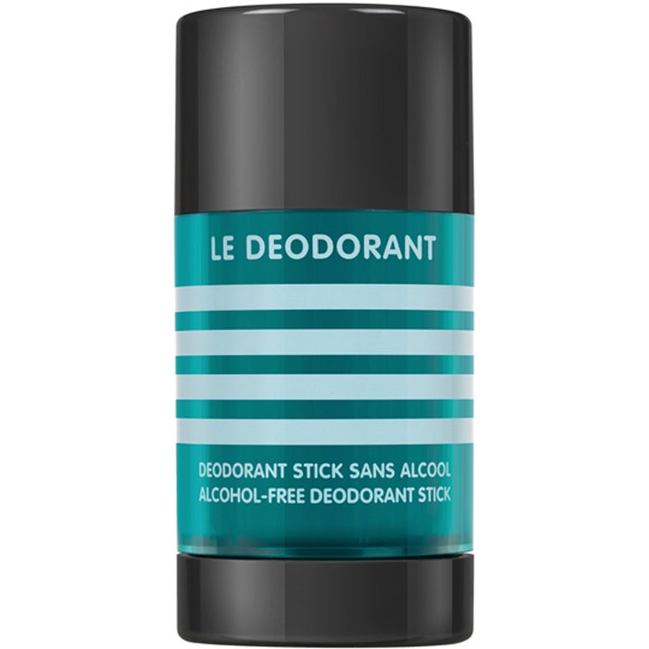 Jean Paul Gaultier Le Male Deostick 75 ml ger fräschör i en turkos hylsa med vita ränder och svarta detaljer