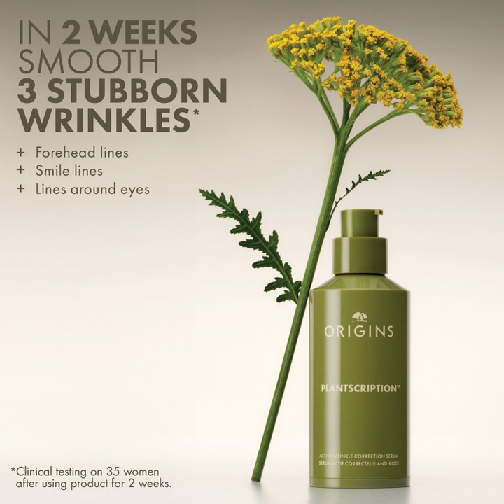 Origins Plantscription 48 ml anti-aging ansiktsserum för rynkminskning i grön pumpflaska med gul blomma.