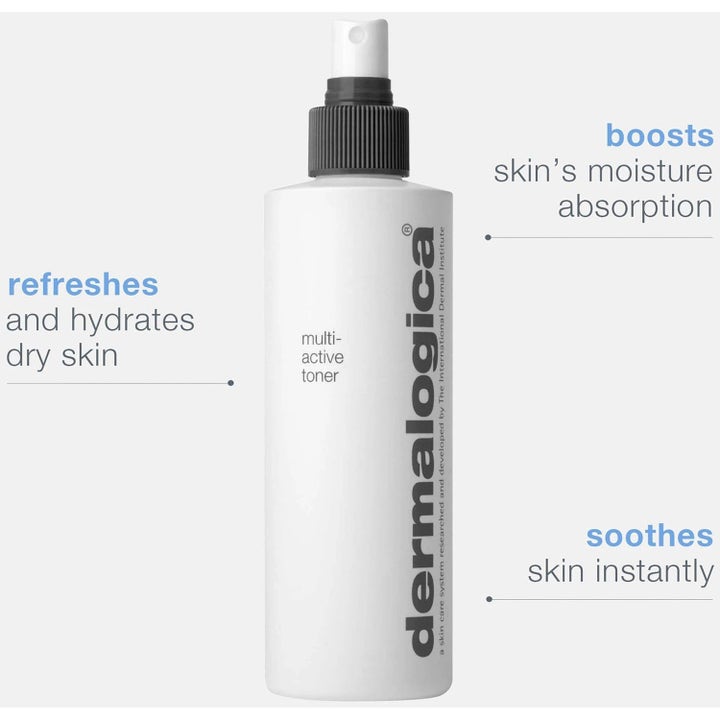 Dermalogica Multi-Active Toner återfuktande ansiktsvatten i vit sprayflaska som lugnar och fräschar upp torr hud