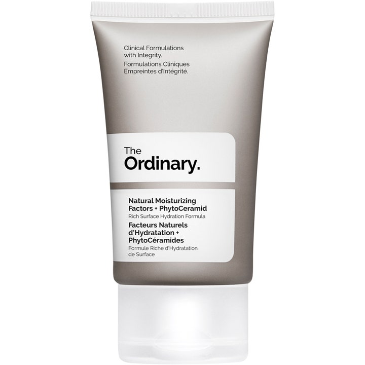 The Ordinary Natural Moisturizing Factors + PhytoCeramides återfuktande ansiktskräm i grå tub som ger djup hydrering.