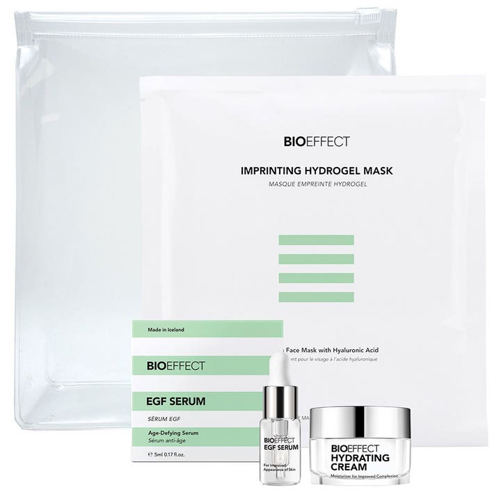 Bioeffect ansiktsvård gåvoset med EGF Serum 5ml och Imprinting Hydrogel Mask i en genomskinlig necessär.