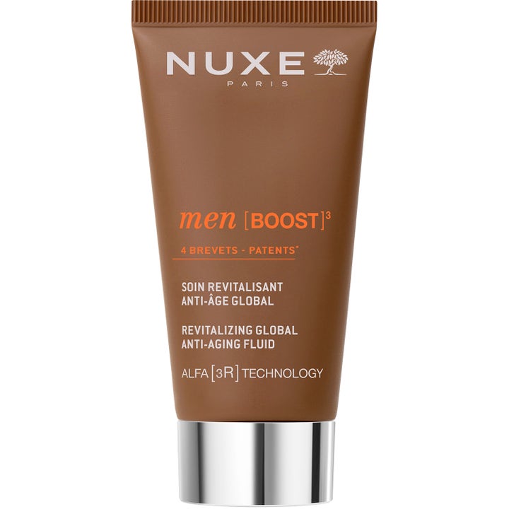Nuxe Men Boost Revitalizing Global Anti-Aging Fluid 50ml ger huden ny energi i en brun tub med silverlock.