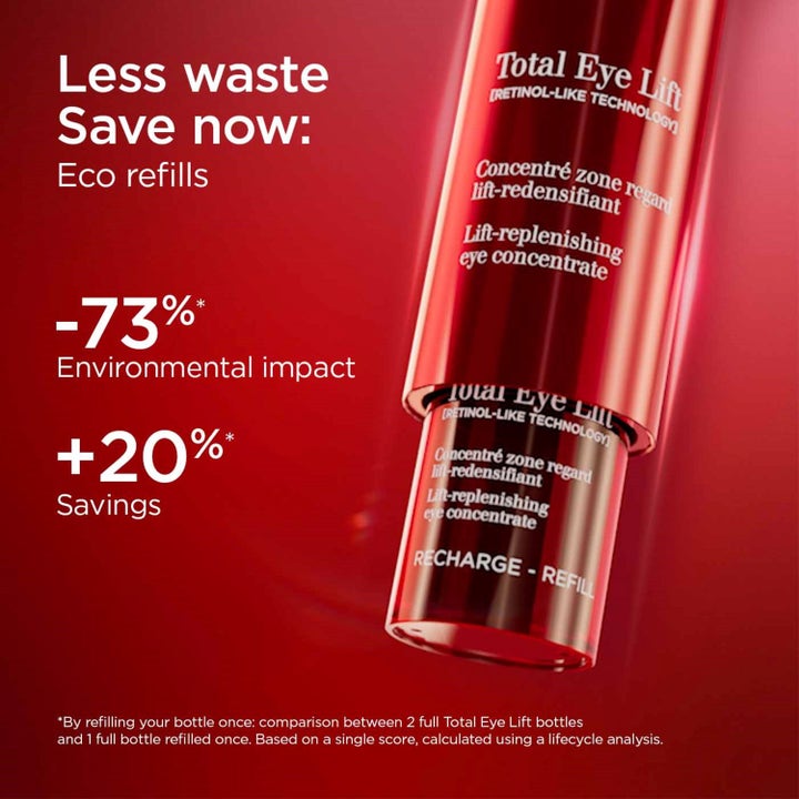 Clarins Total Eye Lift 15 ml lyftande ögonkräm i röd refillflaska som ger fastare hud och minskar avfall.