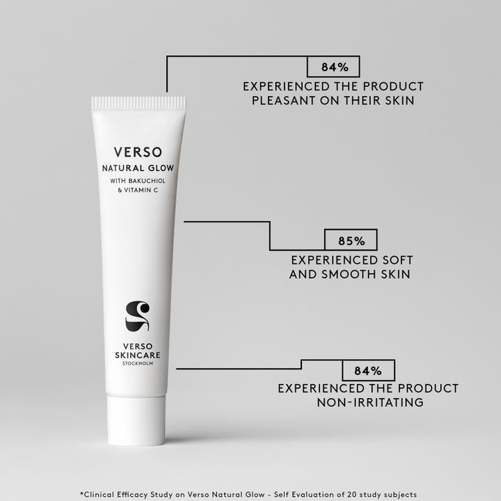 Verso N°2 Natural Glow 40 ml dagkräm i vit tub med kliniska resultat för 85% mjukare och slätare hy.