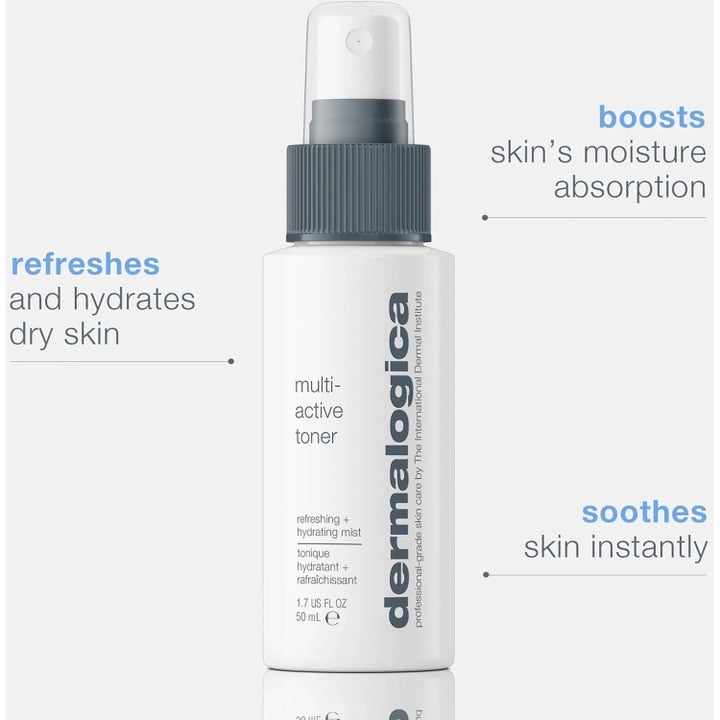 Dermalogica Multi-Active Toner 50 ml återfuktande ansiktsvatten i vit sprayflaska som lugnar och fräschar upp torr hud.