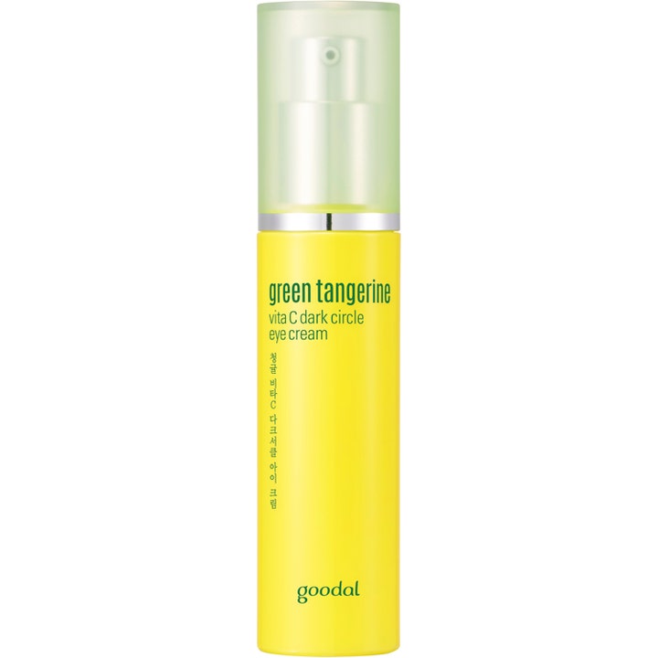 Goodal Green Tangerine Vita C Dark Circle Eye Cream mot mörka ringar är en c-vitamin ögonkräm i gul flaska med grönt lock.