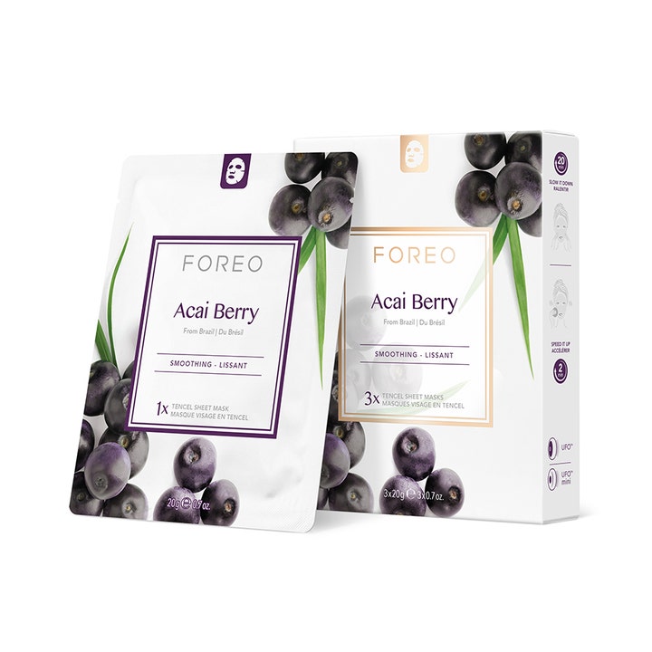 Foreo Acai Berry 3-pack acai berry ansiktsmask återfuktande i vit förpackning med lila bär och gröna blad.