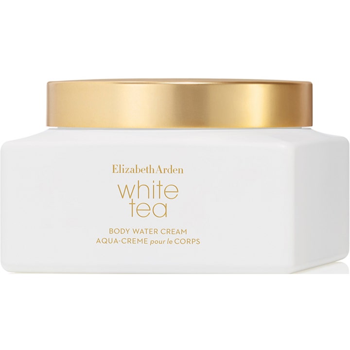 Elizabeth Arden White Tea Body Water Cream återfuktande kroppskräm i en vit fyrkantig burk med guldfärgat lock
