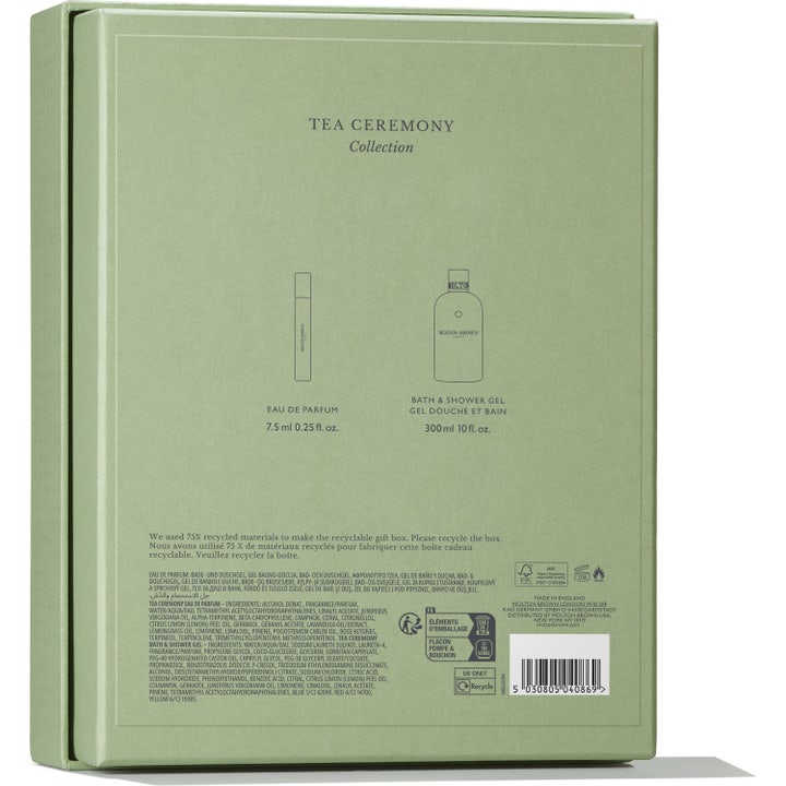 Molton Brown Tea Ceremony Collection 307,5 ml presentset baksida av grön box med ingredienslista.