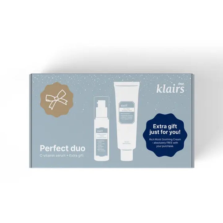Klairs Perfect Duo 2 st hudvårdskit i ljusblå presentförpackning med lysterivande C-vitamin och kräm.