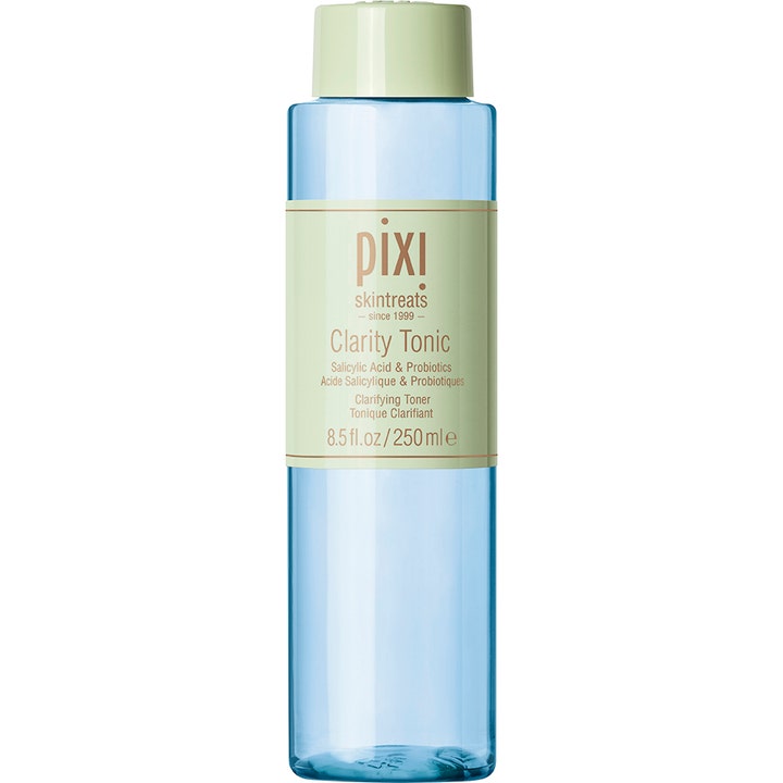 Pixi Clarity Tonic 250 ml salicylsyra ansiktsvatten med probiotika för acne hudvård i en blå transparent flaska