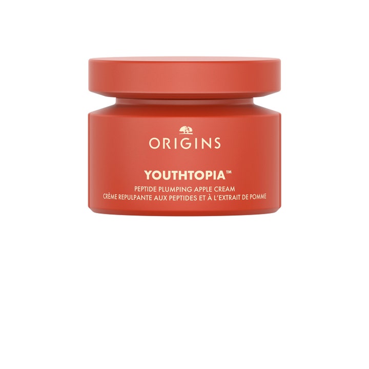 Origins Youthtopia Peptide Plumping Apple Cream fuktgivande peptidkräm i en röd matt burk med matchande lock.