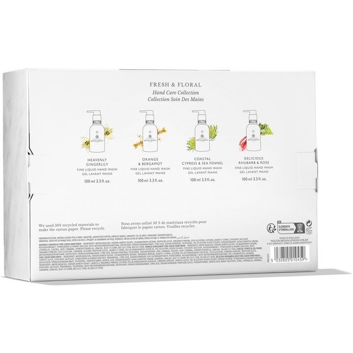 Molton Brown Hand Quad 400 ml presentset med baksidan av förpackningen som visar innehåll och ingredienser.