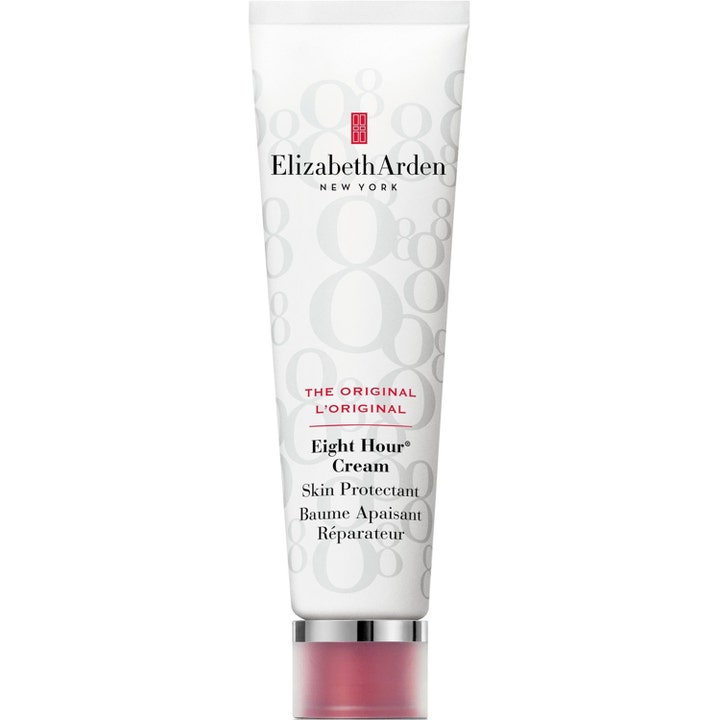 Elizabeth Arden Eight Hour Cream 50ml intensivt lugnande hudkräm i vit tub med mönstrade åttor och silverkork.