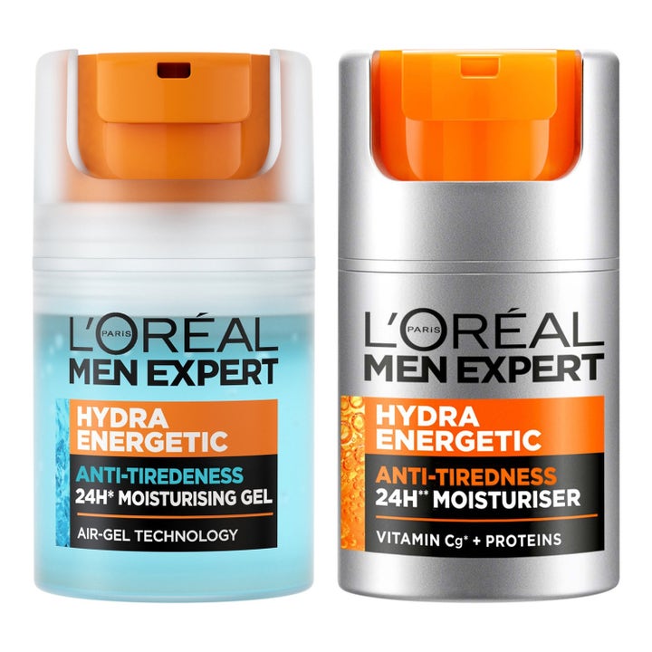 L'Oréal Paris Quench Thirst 100 ml återfuktande ansiktskräm i silverfärgad flaska och flaska med blå gel och orange pump