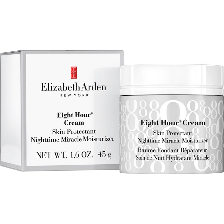 Elizabeth Arden Eight Hour Cream 45 g återfuktande nattkräm i silverfärgad burk med åttor och vit ytterförpackning.