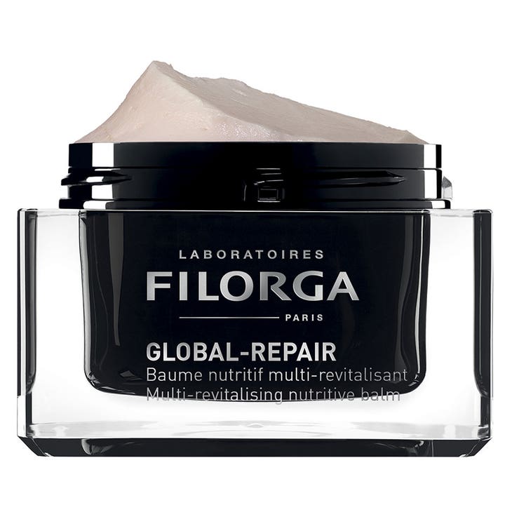 FILORGA Global-Repair Balm 50 ml antiaging dagkräm i öppen svart glasburk med krämig ljusrosa textur