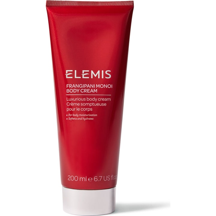 Elemis Frangipani Monoi Body Cream 200 ml lyxig återfuktande kroppskräm i en djupröd tub med silvrigt lock