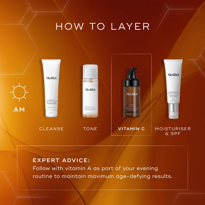 Medik8 C-Tetra Advanced 30 ml lystergivande ansiktsserum med c-serum 20 procent i en guide för morgonrutinens steg.