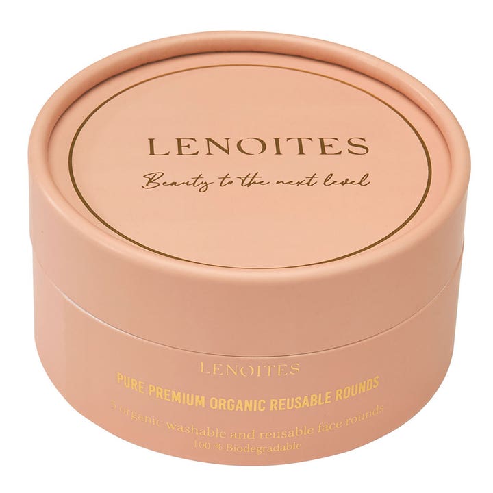 Lenoites Pure Premium Organic Reusable Rounds 5 st tvättbara bomullsrondeller i en rund persikofärgad pappersask.