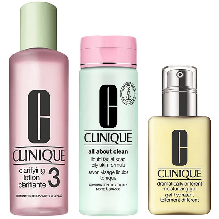 Clinique 3-stegs hudvårdssystem för fet hy skapar lyster i mintgrön, rosa och gul flaska med silverpump.