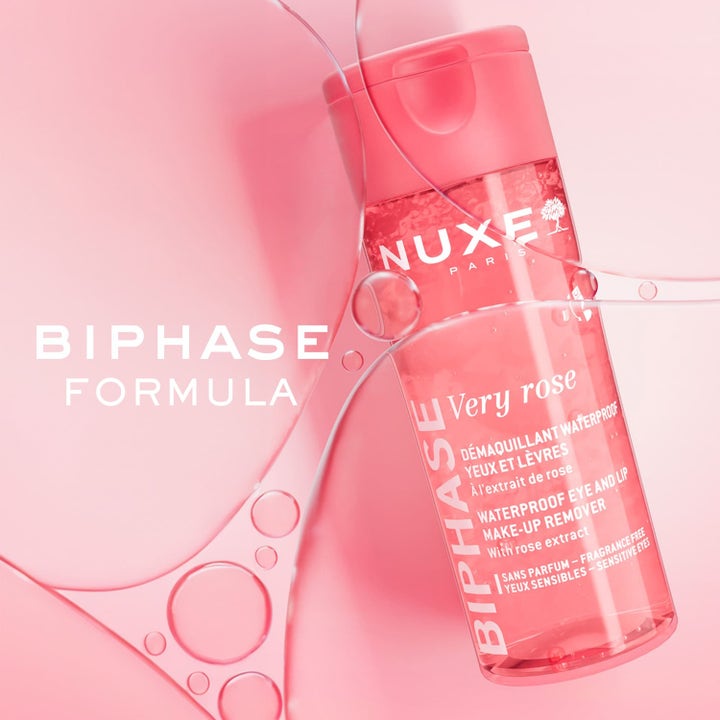 Nuxe Very Rose Biphase Makeup Remover 100 ml sminkborttagning tar bort vattenfast smink i rosa flaska med bubblor