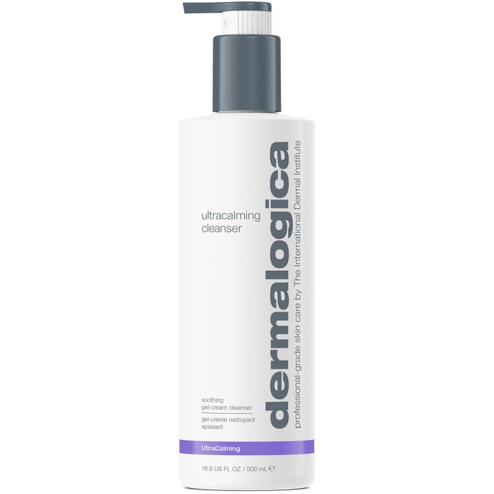 Dermalogica Ultracalming Cleanser 500 ml anti-rodnad lugnande hudvård i vit plastflaska med grå pump.