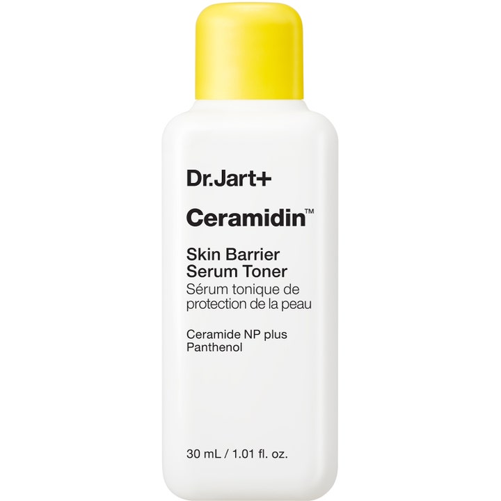 Dr. Jart Ceramidin Skin Barrier Serum Toner 30 ml fuktgivande ansiktsserum i vit plastflaska med gult lock