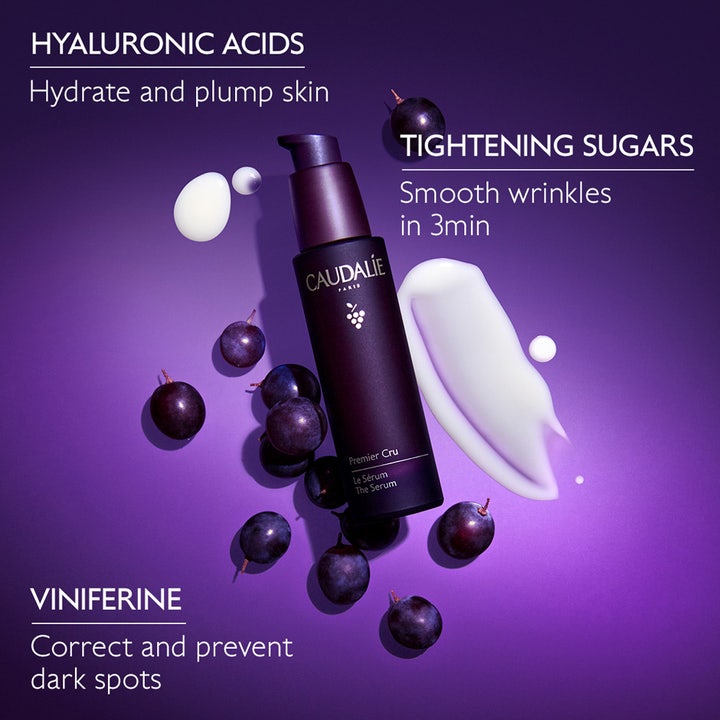Caudalie Premier Cru Serum 30 ml lyxigt anti-aging serum med vit krämig textur och mörka vindruvor.