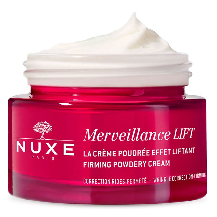 Nuxe Merveillance LIFT Firming Powdery Cream 50 ml anti-age lyftkräm i röd glasburk med len vit textur