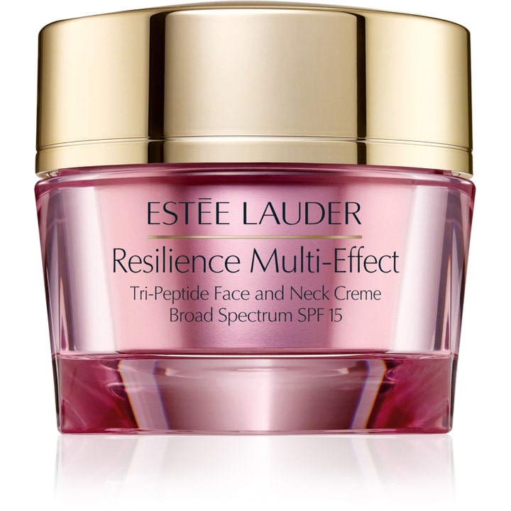 Estée Lauder Resilience Multi-Effect antiåldrande ansiktskräm med peptid i en lyxig rosa glasburk med guldlock.