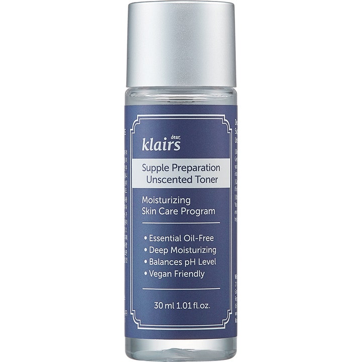 Klairs Supple Preparation Unscented Toner 30 ml återfuktande ansiktsvatten i klar flaska med blå etikett och silverlock.