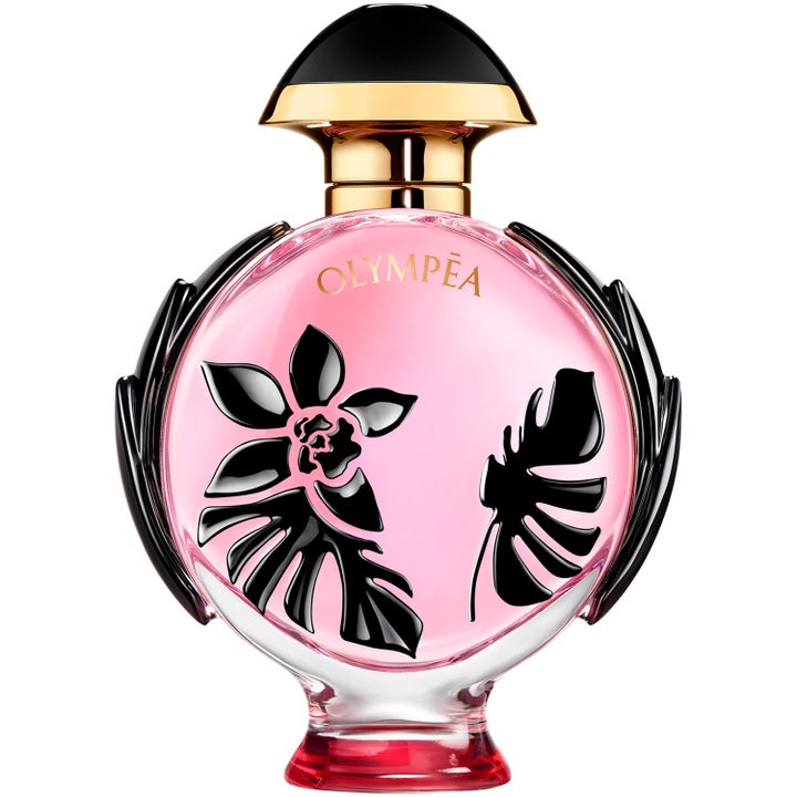 Rabanne Olympea Flora 50 ml floral parfym i rosa glasflaska dekorerad med svarta blommor och gulddetaljer