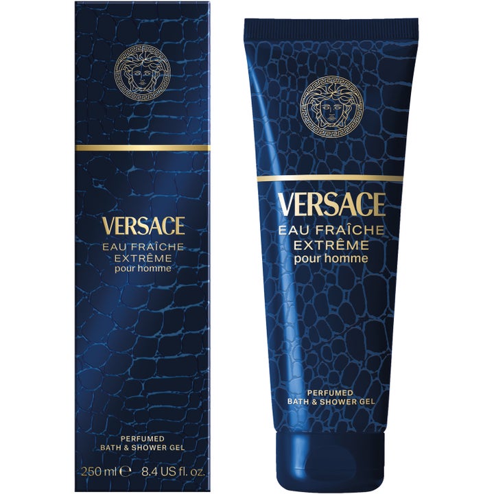 Versace Eau Fraiche Extreme 250 ml parfymerad duschtvål i mörkblå tub och ytterkartong med elegant krokodilmönster