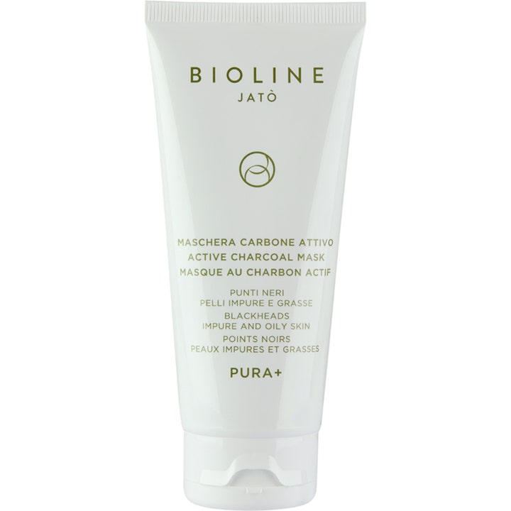 Bioline Jatò Pura+ Active Charcoal Mask ansiktsmask mot pormaskar i vit plasttub med grön text för fet hy