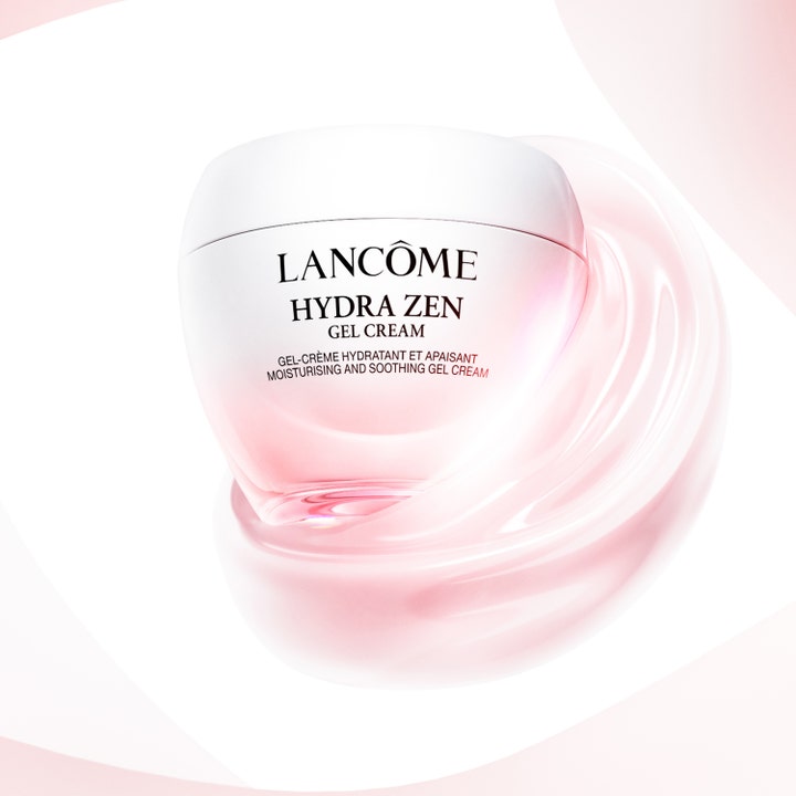 Lancôme Hydra Zen Gel Cream 30 ml lugnande dagkräm med gel textur i en rosa burk på en mjuk gelvirvel.