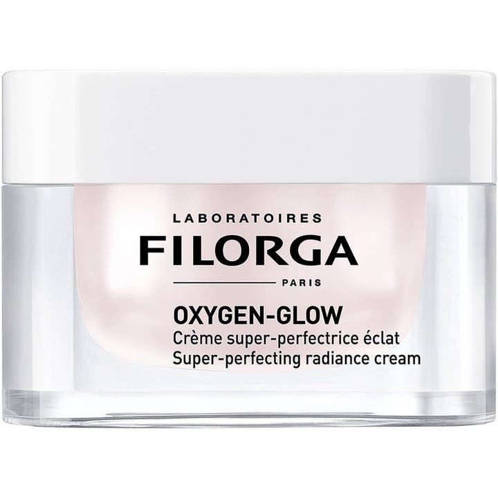 Filorga Oxygen-Glow 50 ml lystergivande oxygenkräm i en elegant glasburk med vitt lock för strålande hy.