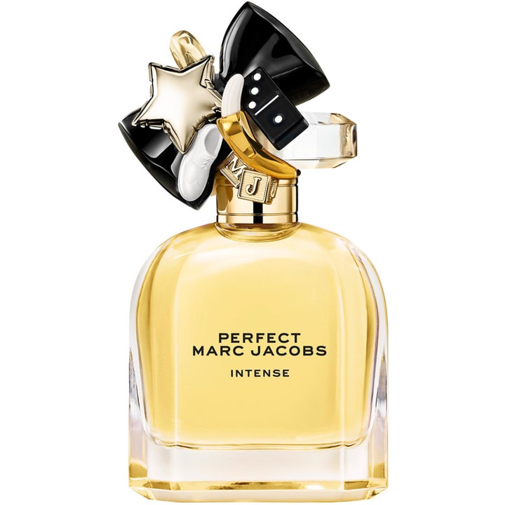 Marc Jacobs Perfect Intense 50 ml designparfym dam i glasflaska med guldgul vätska och kork med dekorativa berlocker