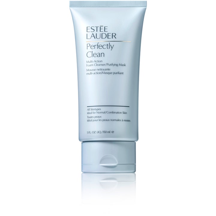 Estée Lauder Perfectly Clean 150 ml skumrengöring och porminskning rengörande mask i en ljusblå tub med lock.